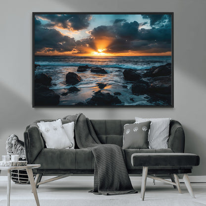 66040852-MGV-FC-36X24_Black-Ocean Sunset Canvas Wall Art – Rocky Shore Waves, Dramatic Clouds, Golden Sun Rays, Coastal Nature, Serene Water Reflection for