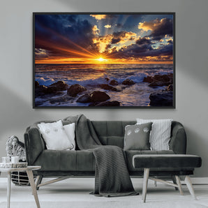 35900590-MGV-FC-36X24_Black-Sunset Ocean Waves Canvas Wall Art – Rocky Shore, Dramatic Sky, Golden Sun Rays, Coastal Beauty, Serene Water Motion for Living