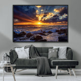 35900590-MGV-CV-36X24-Ocean Sunset Wall Art – Vivid Seascape Canvas Print with Sunburst Sky, Crashing Waves and Rocky Shore, Dramatic Coastal