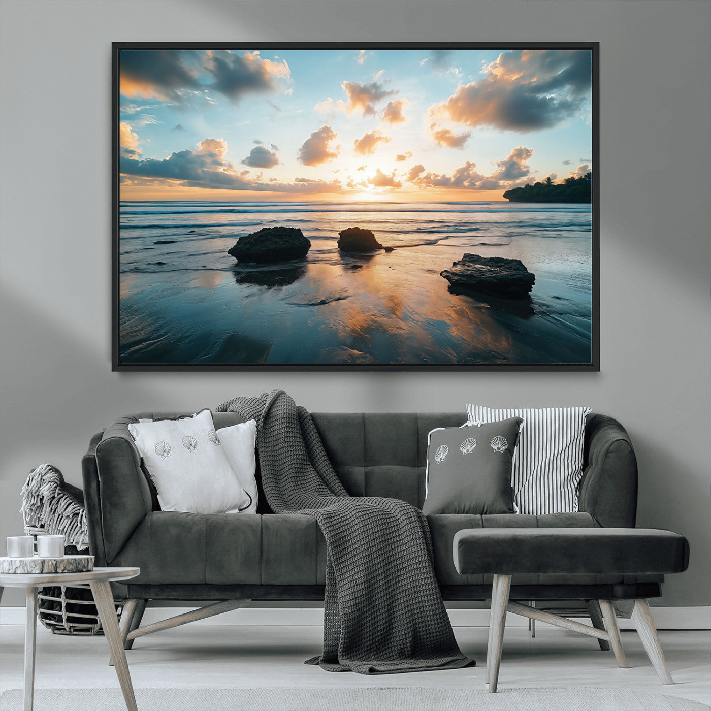 23879436-MGV-CV-36X24-Ocean Sunset Wall Art – Serene Seascape Canvas Print with Golden Sky, Reflections on Sand and Calm Waves, Peaceful Coastal