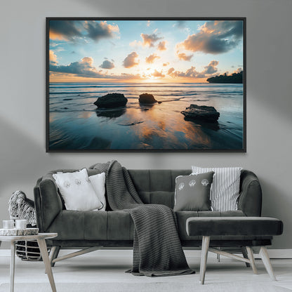 23879436-MGV-CV-36X24-Ocean Sunset Wall Art – Serene Seascape Canvas Print with Golden Sky, Reflections on Sand and Calm Waves, Peaceful Coastal