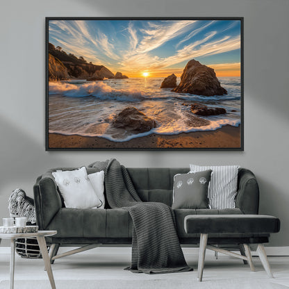 85659923-MGV-FC-36X24_Black-Rocky Ocean Sunset Canvas Wall Art – Seaside Dramatic Seascape Print, Coastal Modern Decor, Ocean Sunset Art for Living Room or