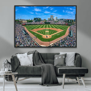 56213978-MGV-FC-36X24_Black-Wrigley Field Baseball Stadium Canvas Wall Art – Packed Crowd Sports Stadium Print, City Skyline Baseball Field Canvas for Game