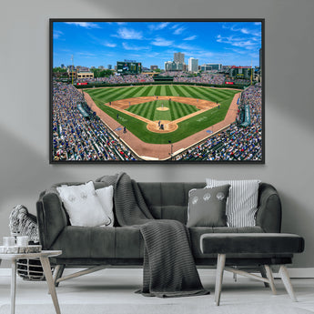 56213978-MGV-CV-36X24-Baseball Stadium Wall Art – Panoramic Ballpark Canvas Print with Fans, Green Field and City Skyline, Classic Sports Photography