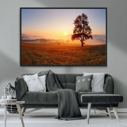 57919623-MGV-CV-36X24-Sunrise Landscape Wall Art – Golden Morning Canvas Print with Tree, Misty Hills and Open Field, Peaceful Nature Photography for