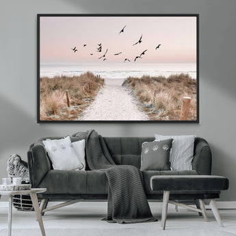 34632598-MGV-FC-36X24_Black-Coastal Pathway Canvas Wall Art – Framed Seaside Landscape, Large Beach and Birds Canvas Print for Home, Office, or Living Room