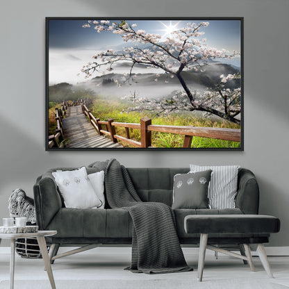 34632598CRY-MGV-CV-36X24-Cherry Blossom Wall Art – Scenic Asian Landscape Canvas Print with Wooden Walkway, Misty Mountains and Sunrise, Serene Nature