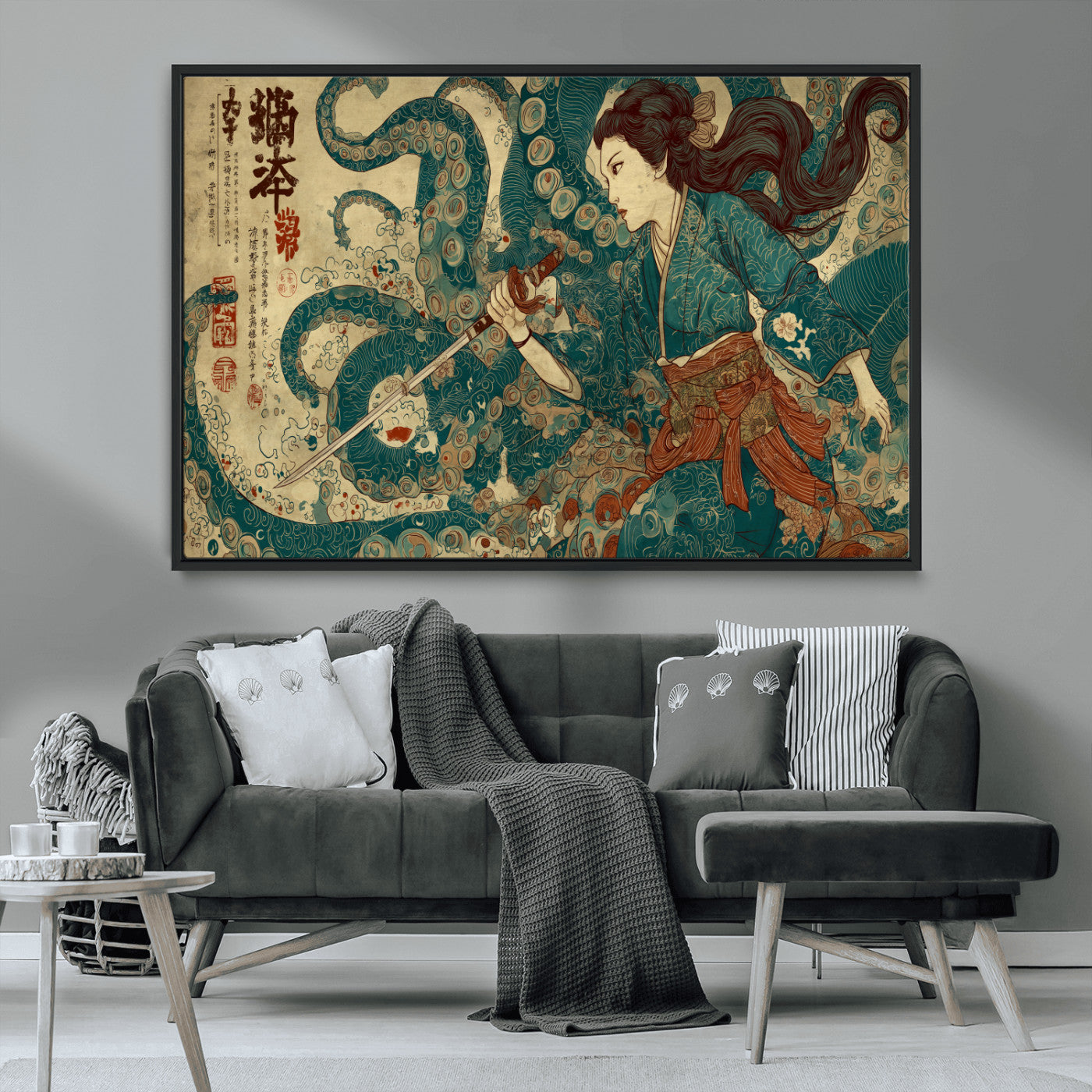46837670-MGV-CV-36X24-Tsukioka Yoshitoshi Samurai Wall Art Print, Japanese Katana Warrior Canvas Wall Art, Octopus Sea Monster Canvas Print,