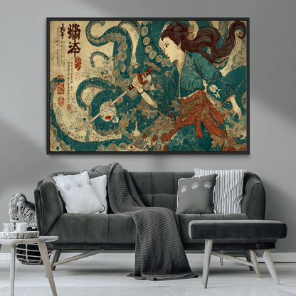 46837670-MGV-CV-36X24-Tsukioka Yoshitoshi Samurai Wall Art Print, Japanese Katana Warrior Canvas Wall Art, Octopus Sea Monster Canvas Print,