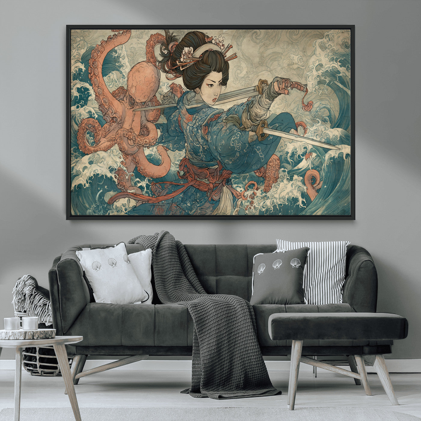 52037775-MGV-CV-36X24-Tsukioka Yoshitoshi Samurai Wall Art Print, Japanese Katana Warrior Canvas Wall Art, Octopus Sea Monster Canvas Print,