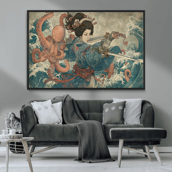 52037775-MGV-CV-36X24-Samurai Woman Wall Art – Japanese Ukiyo e Style Canvas Print with Katana, Ocean Waves and Octopus, Traditional Asian Inspired