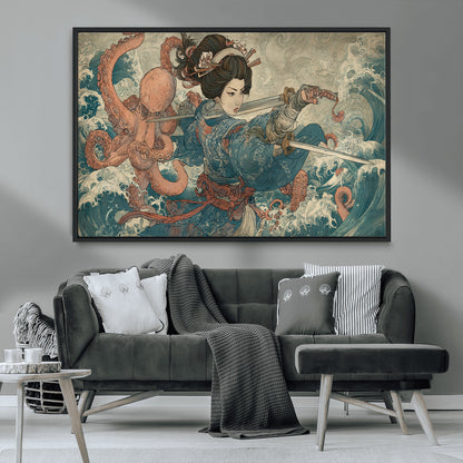 52037775-MGV-CV-36X24-Samurai Woman Wall Art – Japanese Ukiyo e Style Canvas Print with Katana, Ocean Waves and Octopus, Traditional Asian Inspired