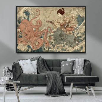 54879547-MGV-CV-36X24-Tsukioka Yoshitoshi Samurai Wall Art Print, Japanese Katana Warrior Canvas Wall Art, Octopus Sea Monster Canvas Print,