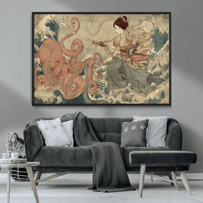 54879547-MGV-CV-36X24-Samurai Woman Wall Art – Japanese Ukiyo-e Style Canvas Print with Katana and Octopus, Traditional Asian Inspired Battle Artwork
