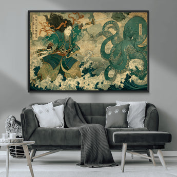 24416422-MGV-CV-36X24-Tsukioka Yoshitoshi Samurai Wall Art Print, Japanese Katana Warrior Canvas Wall Art, Octopus Sea Monster Canvas Print,