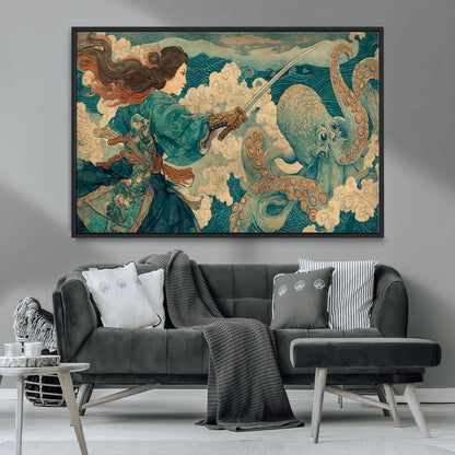 37943964-MGV-CV-36X24-Samurai Warrior vs Octopus Wall Art – Japanese Ukiyo-e Style Canvas Print, Ocean Battle Scene Artwork for Living Room, Office, Man