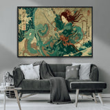 86918027-MGV-CV-36X24-Samurai Warrior vs Octopus Wall Art – Japanese Ukiyo-e Ocean Battle Canvas Print, Traditional Samurai Artwork for Living Room,