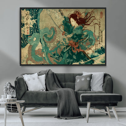 86918027-MGV-CV-36X24-Samurai Warrior vs Octopus Wall Art – Japanese Ukiyo-e Ocean Battle Canvas Print, Traditional Samurai Artwork for Living Room,
