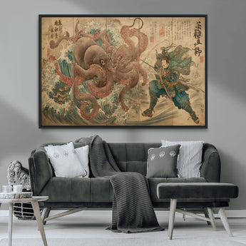 63782167-MGV-CV-36X24-Tsukioka Yoshitoshi Samurai Wall Art Print, Japanese Katana Warrior Canvas Wall Art, Octopus Sea Monster Canvas Print,