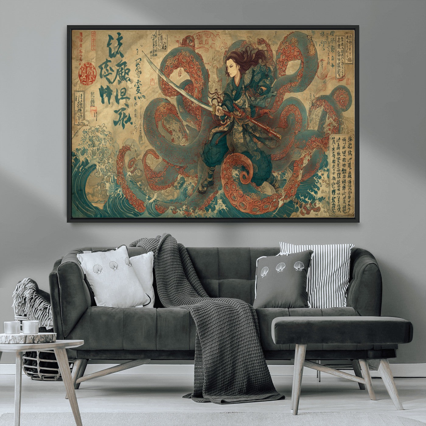 98593115-MGV-CV-36X24-Samurai Warrior vs Octopus Wall Art – Japanese Ukiyo-e Calligraphy Canvas Print, Ocean Battle Scene Artwork for Living Room,