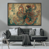 98593115-MGV-CV-36X24-Samurai Warrior vs Octopus Wall Art – Japanese Ukiyo-e Calligraphy Canvas Print, Ocean Battle Scene Artwork for Living Room,