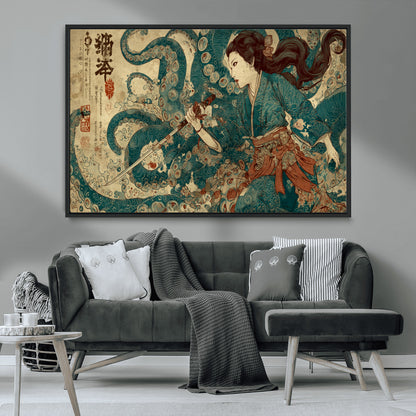 18575670-MGV-CV-36X24-Tsukioka Yoshitoshi Samurai Wall Art Print, Japanese Katana Warrior Canvas Wall Art, Octopus Sea Monster Canvas Print,