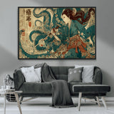 18575670-MGV-CV-36X24-Samurai Woman vs Octopus Wall Art – Japanese Ukiyo-e Ocean Battle Canvas Print, Traditional Warrior Artwork for Living Room,