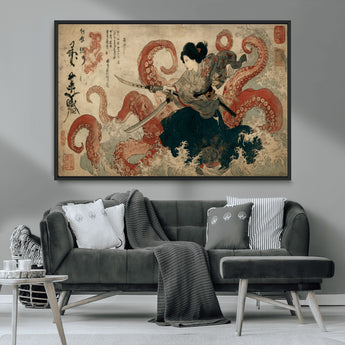 50812504-MGV-CV-36X24-Tsukioka Yoshitoshi Samurai Wall Art Print, Japanese Katana Warrior Canvas Wall Art, Octopus Sea Monster Canvas Print,