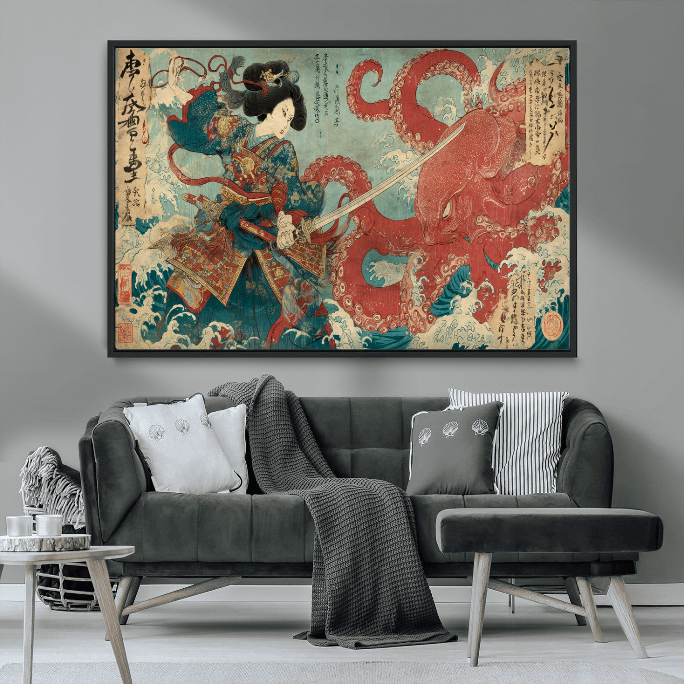68844327-MGV-CV-36X24-Tsukioka Yoshitoshi Samurai Wall Art Print, Japanese Katana Warrior Canvas Wall Art, Octopus Sea Monster Canvas Print,