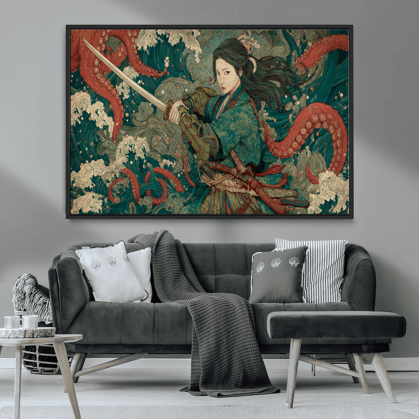 35461724-MGV-CV-36X24-Samurai Woman vs Octopus Wall Art – Japanese Ukiyo-e Ocean Waves Canvas Print, Red Tentacle Battle Artwork for Living Room,
