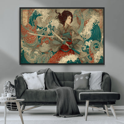 63377977-MGV-CV-36X24-Tsukioka Yoshitoshi Samurai Wall Art Print, Japanese Katana Warrior Canvas Wall Art, Octopus Sea Monster Canvas Print,