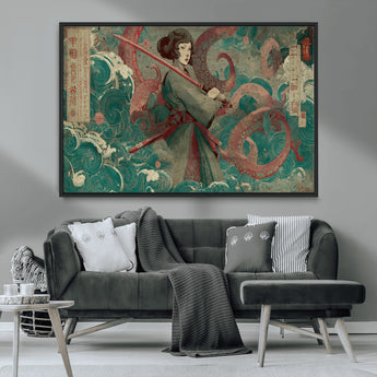 91666601-MGV-CV-36X24-Samurai Woman vs Octopus Wall Art – Japanese Ukiyo-e Green Robe Canvas Print, Ocean Battle Artwork for Living Room, Office, Man