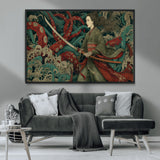 18902796-MGV-CV-36X24-Samurai Woman vs Octopus Wall Art – Japanese Ukiyo-e Green Kimono Canvas Print, Ocean Battle Scene Artwork for Living Room,