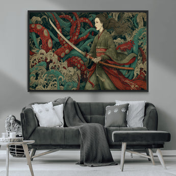 18902796-MGV-CV-36X24-Samurai Woman vs Octopus Wall Art – Japanese Ukiyo-e Green Kimono Canvas Print, Ocean Battle Scene Artwork for Living Room,