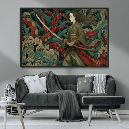 18902796-MGV-CV-36X24-Samurai Woman vs Octopus Wall Art – Japanese Ukiyo-e Green Kimono Canvas Print, Ocean Battle Scene Artwork for Living Room,
