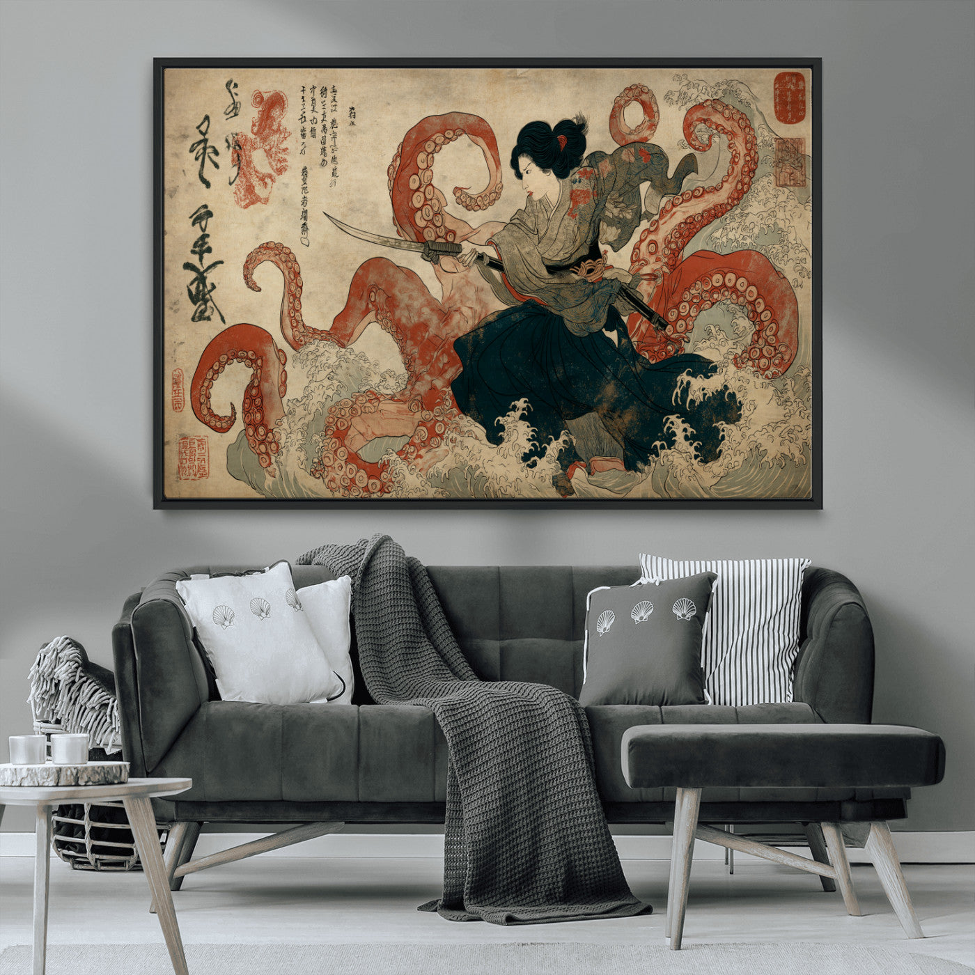 82737246-MGV-CV-36X24-Samurai Woman vs Octopus Wall Art – Japanese Ukiyo-e Dual Sword Canvas Print, Red Tentacle Ocean Battle Artwork for Living Room,