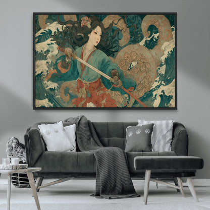 79740258-MGV-CV-36X24-Samurai Woman vs Octopus Wall Art – Japanese Ukiyo-e Blue Kimono Canvas Print, Ocean Battle Artwork for Living Room, Office, Man