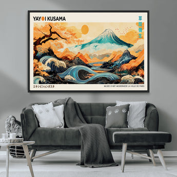 94085549-MGV-CV-36X24-Yayoi Kusama Inspired Japanese Landscape Art Print – Vibrant Mount Fuji, Waves & Autumn Trees, Modern Decorative Poster for