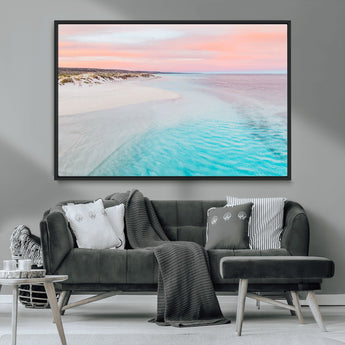 41613614-MGV-CV-36X24-Beach Sunset Wall Art – Pastel Ocean Canvas Print, Turquoise Water and Pink Sky Photography Decor for Bedroom, Living Room, Office