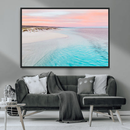 41613614-MGV-CV-36X24-Beach Sunset Wall Art – Pastel Ocean Canvas Print, Turquoise Water and Pink Sky Photography Decor for Bedroom, Living Room, Office
