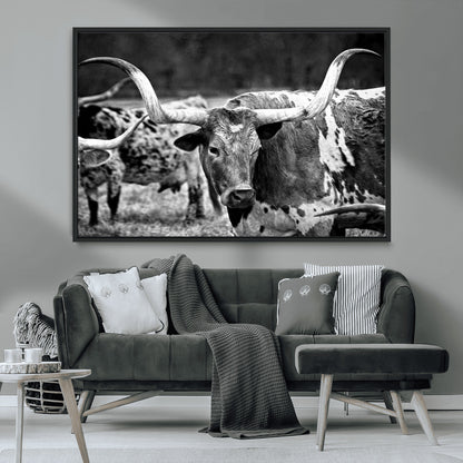 15425553-MGV-CV-36X24-Western Wall Art – Longhorn Cattle Black and White Canvas Print, Rustic Ranch Photography Decor for Bedroom, Living Room, Office,