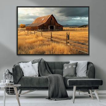 16480179-MGV-CV-36X24-Farmhouse Wall Art – Rustic Barn and Golden Field Canvas Print, Country Landscape Photography Decor for Bedroom, Living Room,