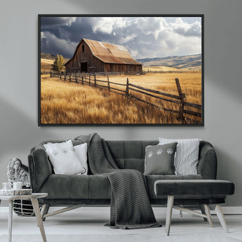 23718739-MGV-CV-36X24-Farmhouse Wall Art – Rustic Barn and Golden Wheat Field Canvas Print, Country Landscape Photography Decor for Bedroom, Living