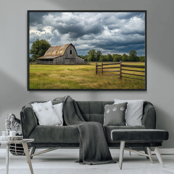 39409517-MGV-CV-36X24-Rustic Barn Wall Art – Weathered Farmhouse and Storm Clouds Canvas Print, Country Landscape Photography Decor for Bedroom, Living