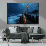 48300530-MGV-CV-36X24-Dark Stormy Pier Canvas Wall Art – Moody Ocean Night Scene with Street Lamps, Blue Coastal Seascape Print for Bedroom, Office, or