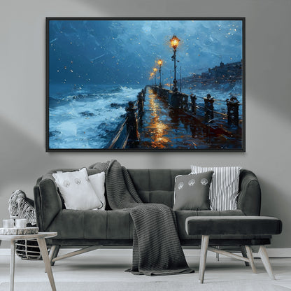 93793246-MGV-CV-36X24-Stormy Night Pier Canvas Wall Art – Moody Ocean Landscape with Lights, Blue Coastal Seascape Print for Bedroom, Living Room,