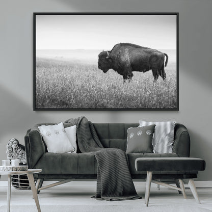 90861202-MGV-CV-36X24-Black and White Bison Canvas Wall Art – Rustic American Buffalo Print, Western Wildlife Photography for Farmhouse, Cabin, Office