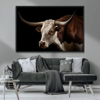 27414857-MGV-CV-36X24-Texas Longhorn Bull Canvas Wall Art – Rustic Western Farmhouse Decor, Brown & White Cow Portrait, Animal Print for Ranch Home