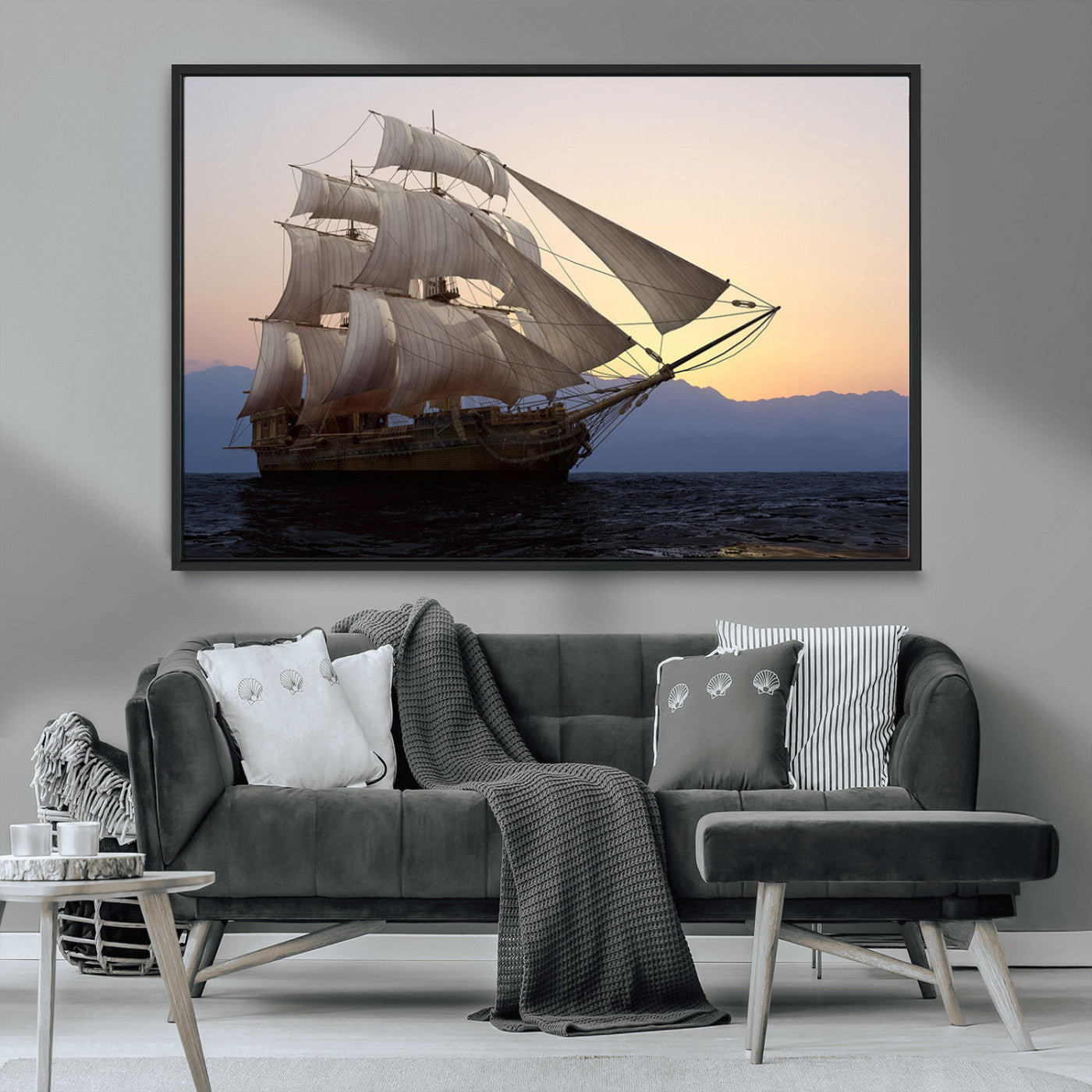 99957679-MGV-CV-36X24-Majestic Sailing Ship Wall Art – Sunset Ocean Voyage, Classic Tall Ship with Wind Filled Sails Canvas Print for Home, Office,