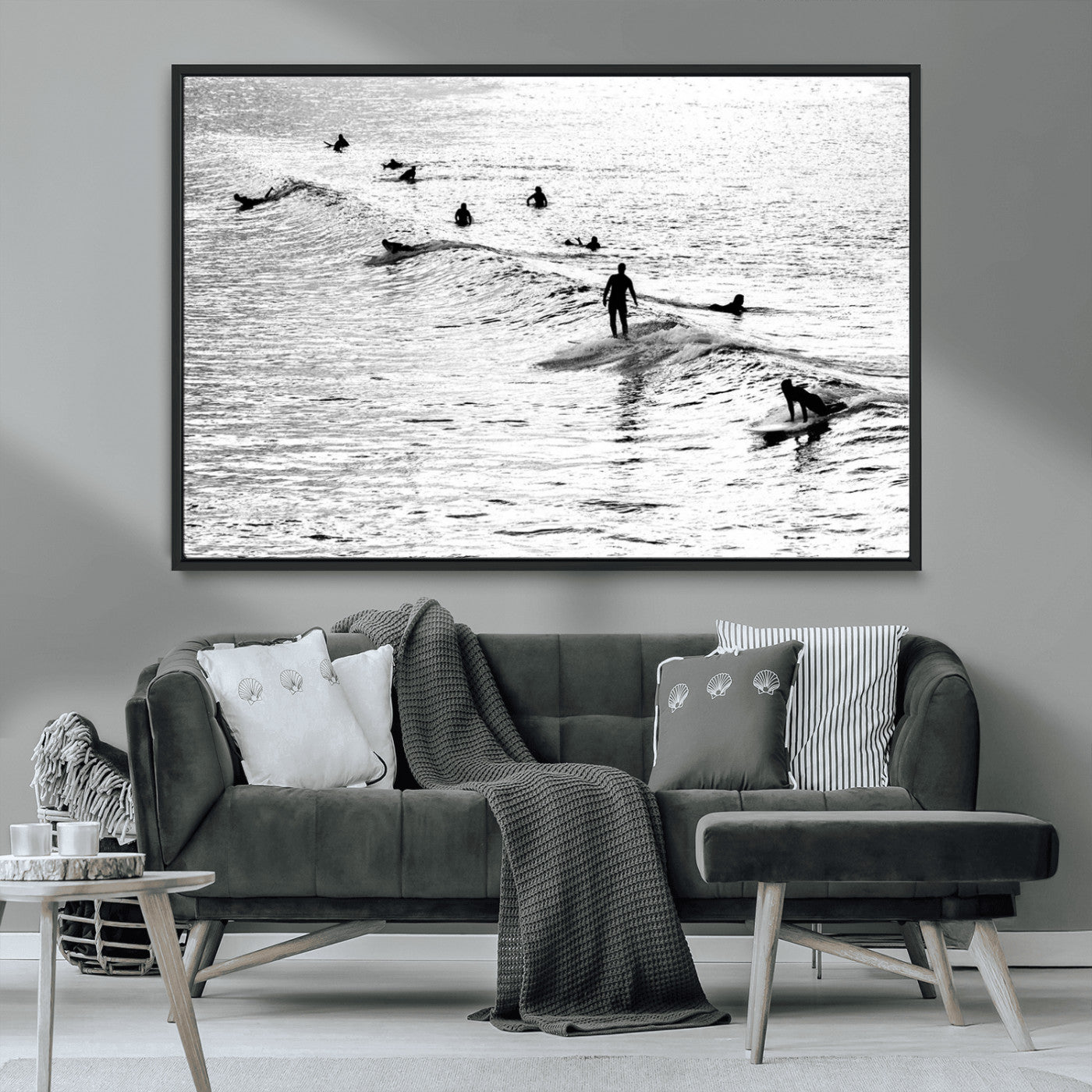 68018616-MGV-CV-36X24-Black and White Surf Photography Print – Minimalist Ocean Wall Art, Surfers Riding Waves, Coastal Beach Decor for Modern Home or